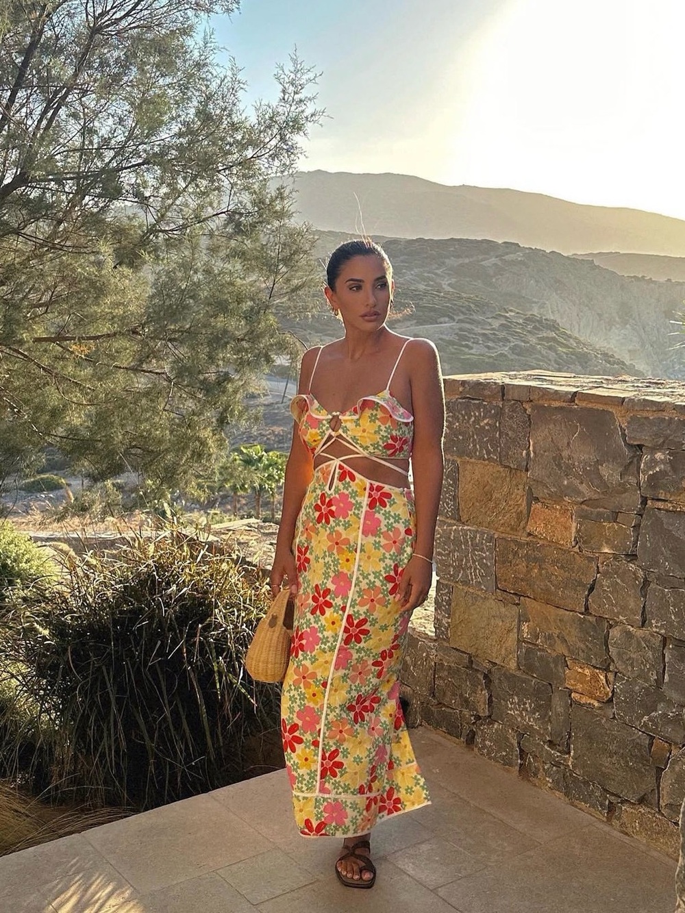 Sabo Henri Floral Yellow Green Pink Red Cutout Tie Midi Maxi Halter Ruffle Dress